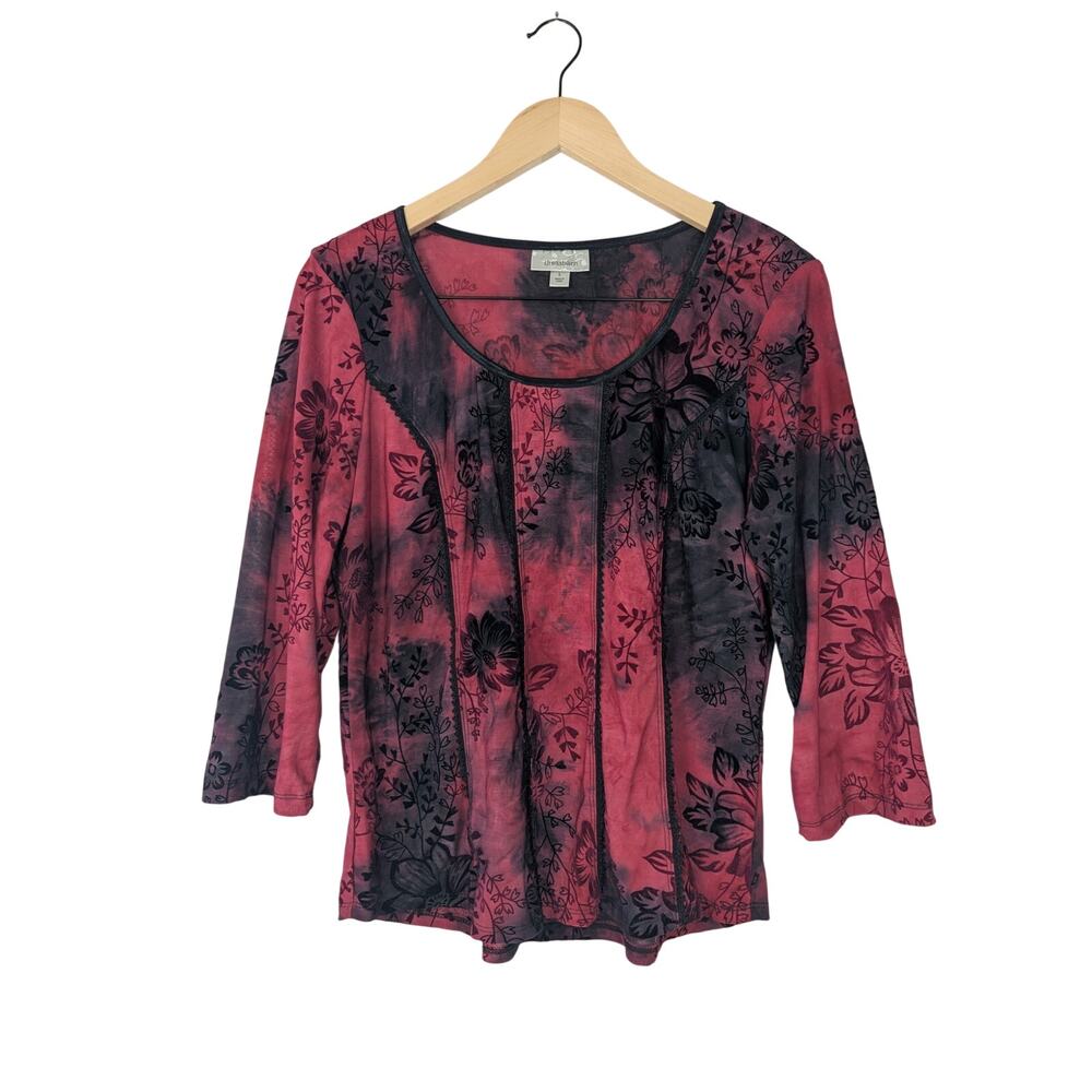 Y2K Romantic Goth Whimsigoth Red Black Tie Dye Velvet Floral Scoop Neck Top